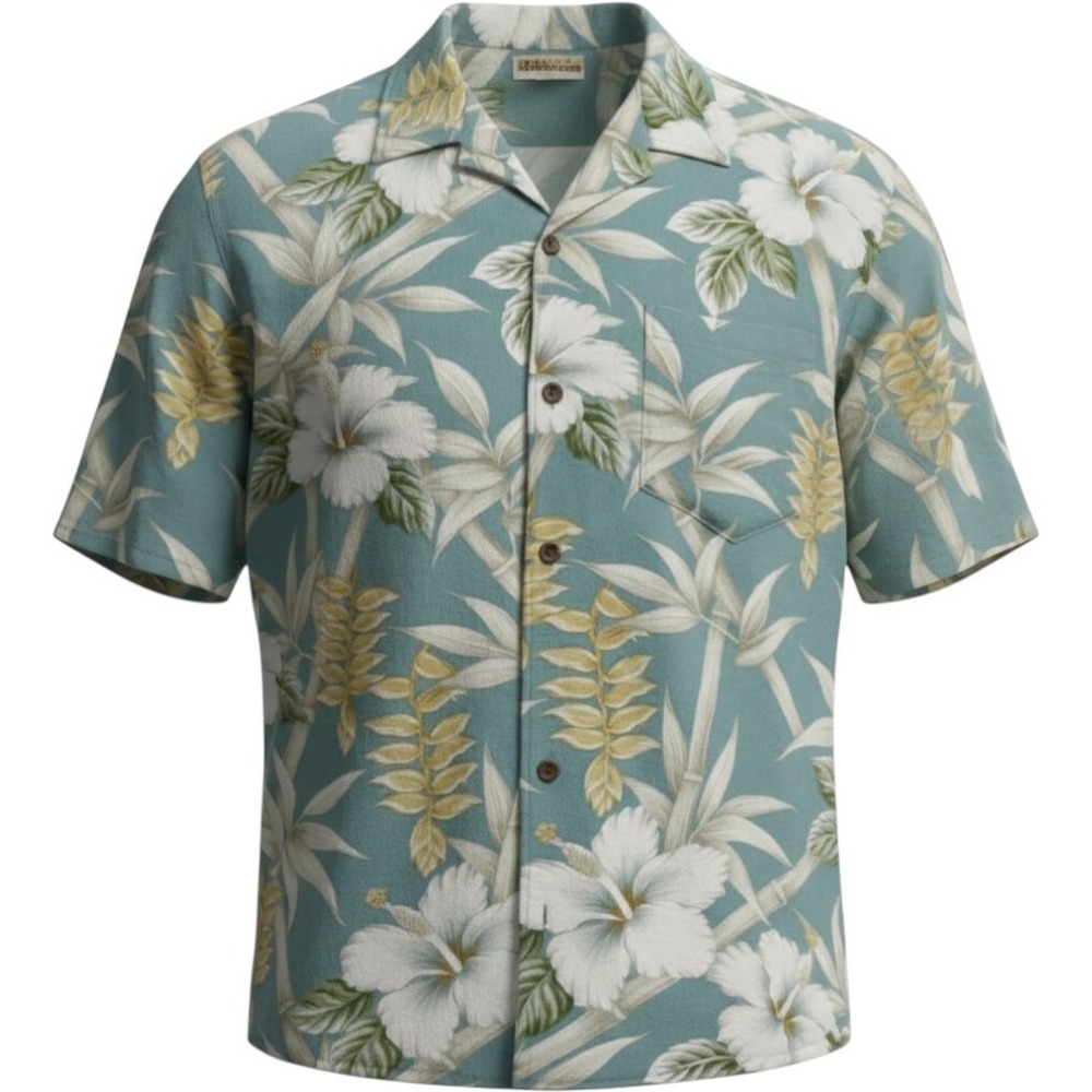 Hawaiian Shirt Mens L Blue Hibiscus Bamboo Rayon Good